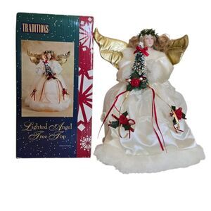 Traditions 12'' Lighted Angel Xmas Tree Top Topper Porcelain Face With Box Works